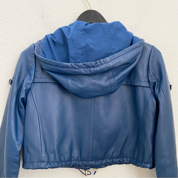BCBGMaxAzria Blue Cropped Hooded 100% Leather Jacket Size XS - Picture 10 of 16